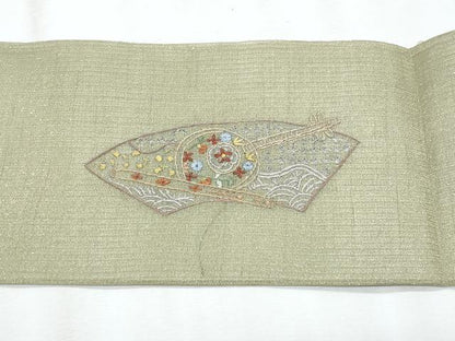 平和屋着物＊夏物　八寸名古屋帯　スワトウ刺繍　総刺繍　地紙重ね花文　金糸　正絹　逸品　CABL2154fb