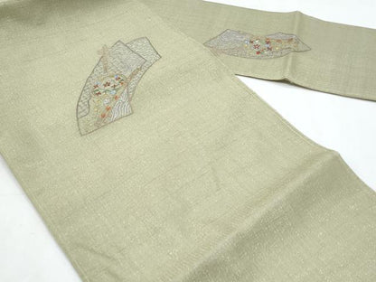 平和屋着物＊夏物　八寸名古屋帯　スワトウ刺繍　総刺繍　地紙重ね花文　金糸　正絹　逸品　CABL2154fb