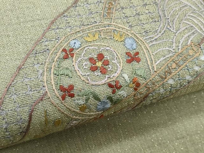平和屋着物＊夏物　八寸名古屋帯　スワトウ刺繍　総刺繍　地紙重ね花文　金糸　正絹　逸品　CABL2154fb