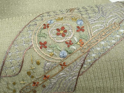 平和屋着物＊夏物　八寸名古屋帯　スワトウ刺繍　総刺繍　地紙重ね花文　金糸　正絹　逸品　CABL2154fb