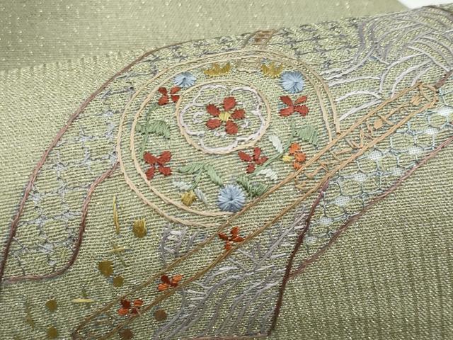 平和屋着物＊夏物　八寸名古屋帯　スワトウ刺繍　総刺繍　地紙重ね花文　金糸　正絹　逸品　CABL2154fb