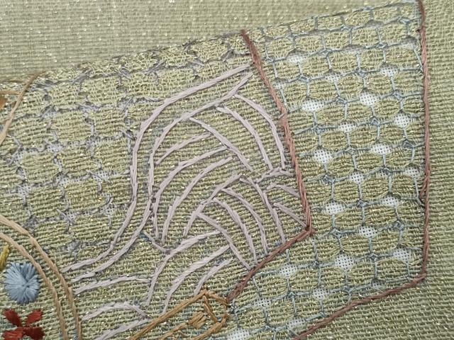 平和屋着物＊夏物　八寸名古屋帯　スワトウ刺繍　総刺繍　地紙重ね花文　金糸　正絹　逸品　CABL2154fb