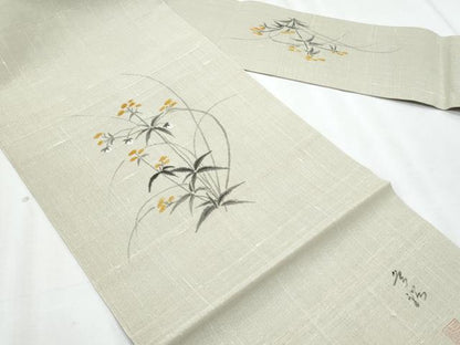 平和屋着物＊夏物　絹芭蕉　九寸名古屋帯　作家物　手描き　枝花文　正絹　逸品　CABL2207fb