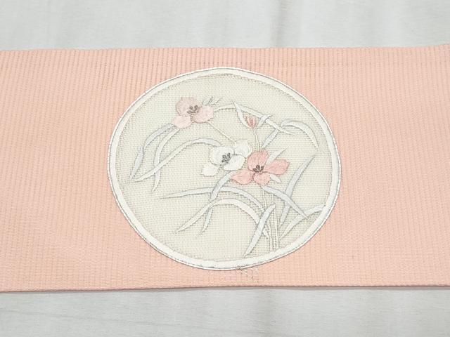 平和屋着物＊夏物　九寸名古屋帯　駒刺繍　総刺繍　花丸文　銀糸　正絹　逸品　CABL2208fb