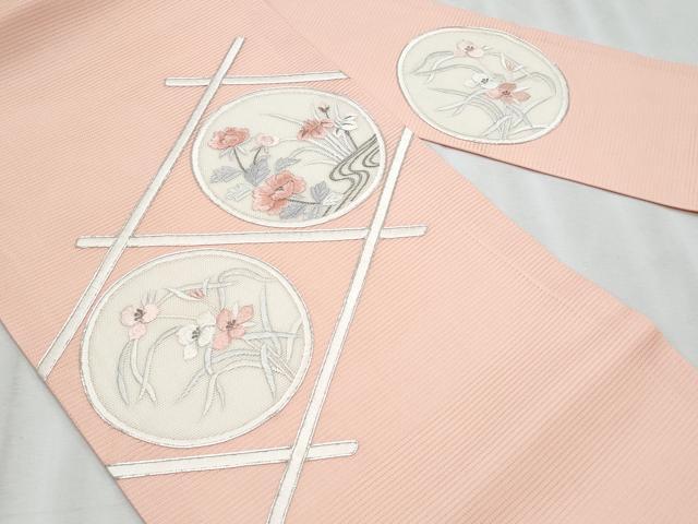 平和屋着物＊夏物　九寸名古屋帯　駒刺繍　総刺繍　花丸文　銀糸　正絹　逸品　CABL2208fb