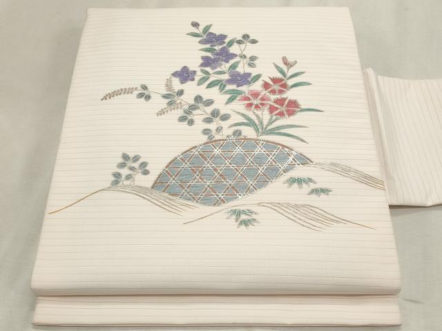 平和屋着物＊夏物　九寸名古屋帯　籬枝花文　銀彩　CABL2214fb