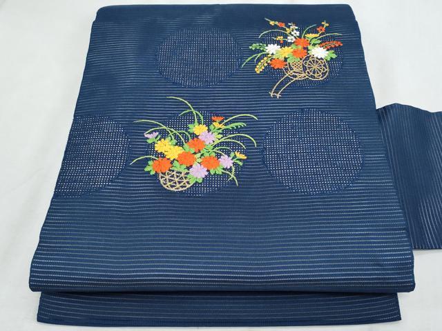 平和屋着物＊夏物　九寸名古屋帯　総刺繍　花籠文　正絹　逸品　CABL2228fb