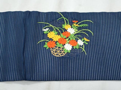 平和屋着物＊夏物　九寸名古屋帯　総刺繍　花籠文　正絹　逸品　CABL2228fb