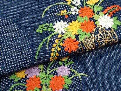 平和屋着物＊夏物　九寸名古屋帯　総刺繍　花籠文　正絹　逸品　CABL2228fb