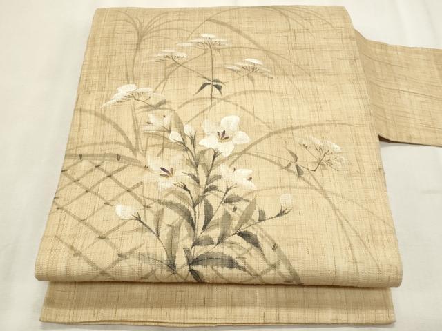 平和屋着物＊夏物　九寸名古屋帯　手描き　籬桔梗文　麻　逸品　CABL2230fb