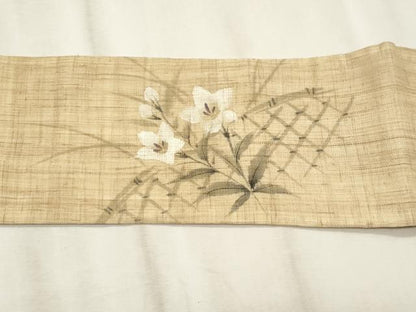 平和屋着物＊夏物　九寸名古屋帯　手描き　籬桔梗文　麻　逸品　CABL2230fb