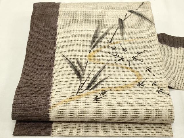 平和屋着物＊夏物　九寸名古屋帯　手描き　紬地　魚　枝葉文　金彩　正絹　逸品　CABL2238fb