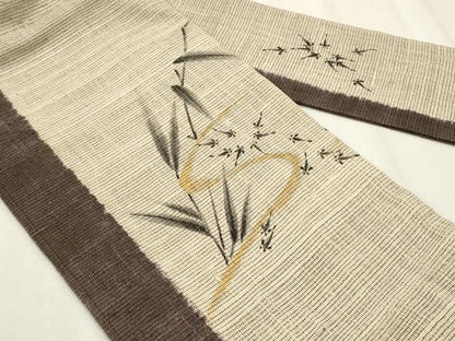 平和屋着物＊夏物　九寸名古屋帯　手描き　紬地　魚　枝葉文　金彩　正絹　逸品　CABL2238fb