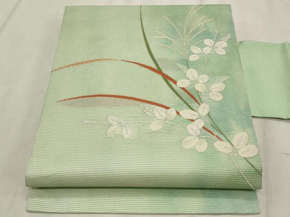 平和屋着物＊夏物　九寸名古屋帯　枝葉文　銀糸　正絹　逸品　CABL2244fb