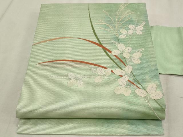 平和屋着物＊夏物　九寸名古屋帯　枝葉文　銀糸　正絹　逸品　CABL2244fb