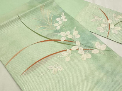 平和屋着物＊夏物　九寸名古屋帯　枝葉文　銀糸　正絹　逸品　CABL2244fb