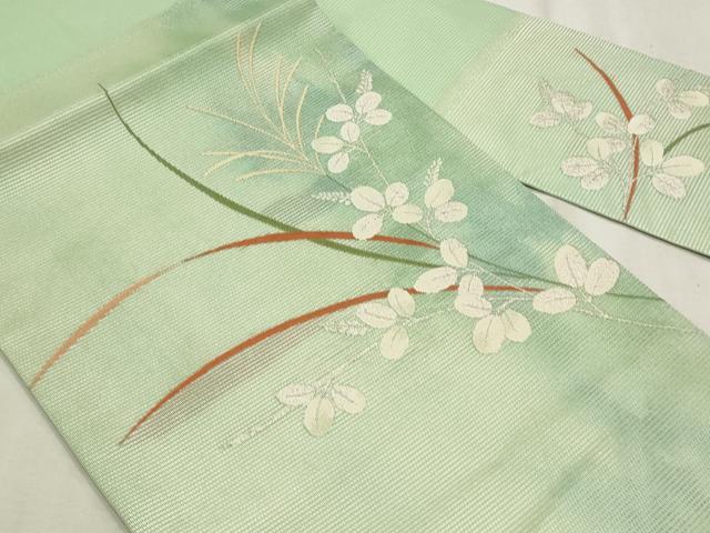 平和屋着物＊夏物　九寸名古屋帯　枝葉文　銀糸　正絹　逸品　CABL2244fb