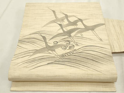 平和屋着物＊夏物　九寸名古屋帯　手描き　立波飛鶴文　麻　逸品　CABL2251fb