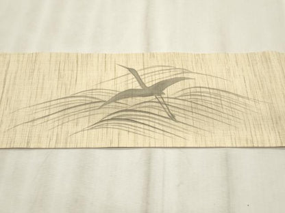平和屋着物＊夏物　九寸名古屋帯　手描き　立波飛鶴文　麻　逸品　CABL2251fb