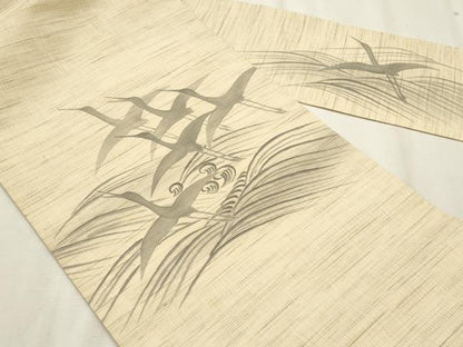 平和屋着物＊夏物　九寸名古屋帯　手描き　立波飛鶴文　麻　逸品　CABL2251fb