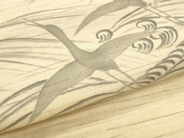 平和屋着物＊夏物　九寸名古屋帯　手描き　立波飛鶴文　麻　逸品　CABL2251fb