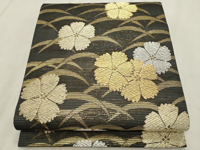 平和屋着物＊夏物　九寸開き名古屋帯　芝草舞花文　黒地　金銀糸　正絹　逸品　CABL2274fb