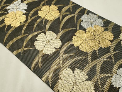 平和屋着物＊夏物　九寸開き名古屋帯　芝草舞花文　黒地　金銀糸　正絹　逸品　CABL2274fb