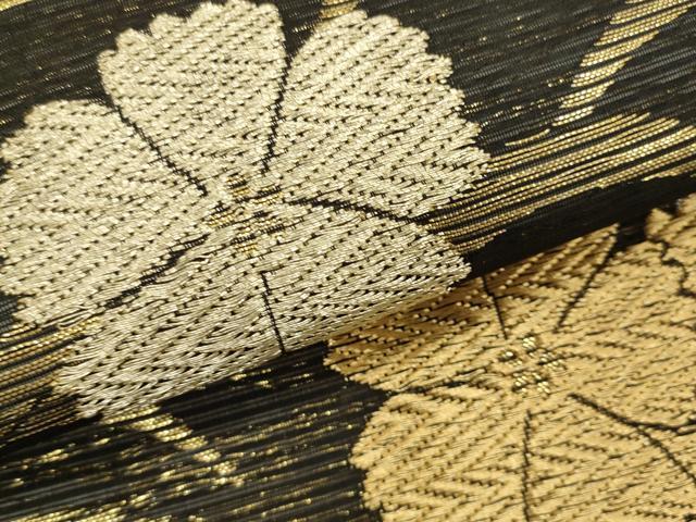 平和屋着物＊夏物　九寸開き名古屋帯　芝草舞花文　黒地　金銀糸　正絹　逸品　CABL2274fb