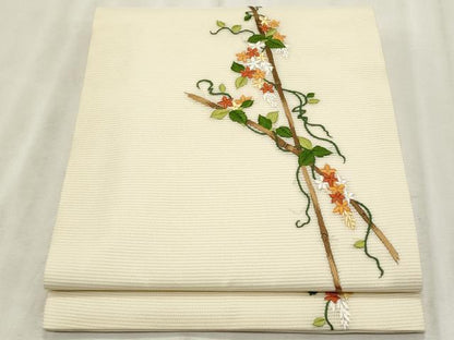 平和屋着物＊夏物　九寸開き名古屋帯　総刺繍　蔦の葉文　正絹　逸品　CABL2275fb