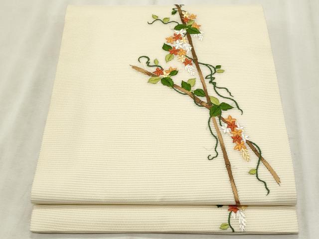 平和屋着物＊夏物　九寸開き名古屋帯　総刺繍　蔦の葉文　正絹　逸品　CABL2275fb