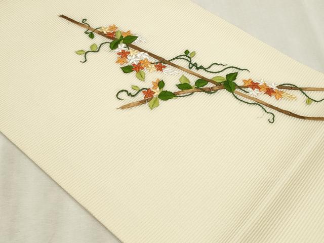 平和屋着物＊夏物　九寸開き名古屋帯　総刺繍　蔦の葉文　正絹　逸品　CABL2275fb