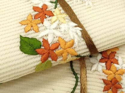 平和屋着物＊夏物　九寸開き名古屋帯　総刺繍　蔦の葉文　正絹　逸品　CABL2275fb