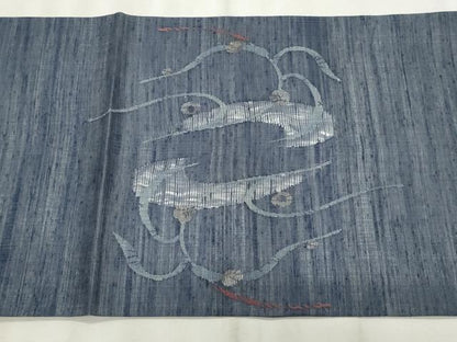 平和屋着物＊夏物　九寸開き名古屋帯　櫛織り　抽象文様　銀糸　正絹　逸品　CABL2282fb