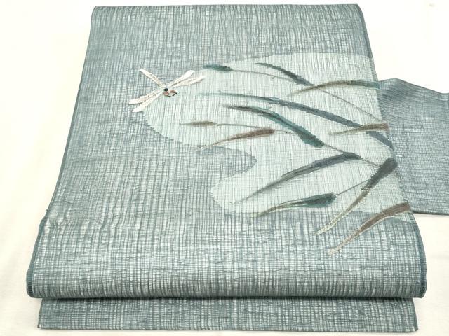 平和屋着物＊夏物　九寸名古屋帯　すくい織　トンボ枝葉文　正絹　逸品　CABL2285fb