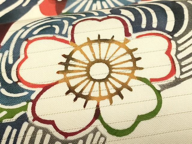 平和屋着物＊夏物　絽塩瀬　全通柄　九寸名古屋帯　型染め　立波枝花文　正絹　逸品　CABL2290fb