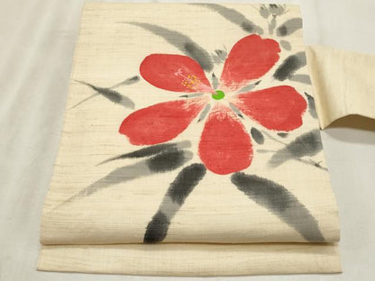 平和屋着物＊夏物　九寸名古屋帯　作家物　手描き　草花文　麻　逸品　CABL2292fb