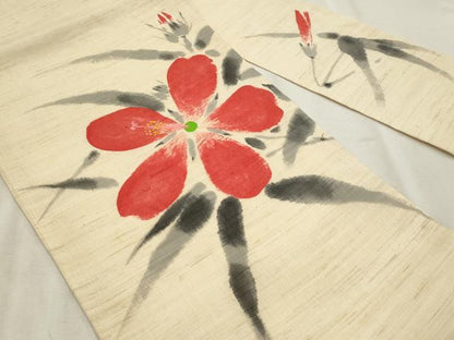 平和屋着物＊夏物　九寸名古屋帯　作家物　手描き　草花文　麻　逸品　CABL2292fb