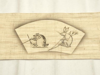 平和屋着物＊夏物　九寸名古屋帯　地紙重ね鳥獣戯画　麻　逸品　CABL2296fb