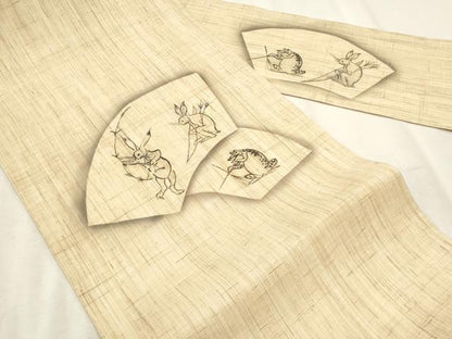 平和屋着物＊夏物　九寸名古屋帯　地紙重ね鳥獣戯画　麻　逸品　CABL2296fb