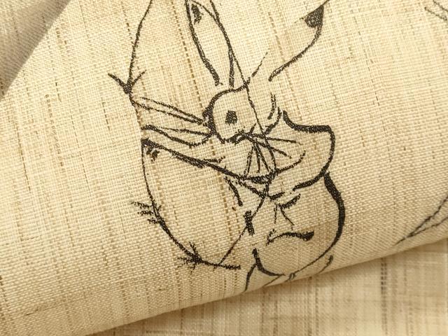 平和屋着物＊夏物　九寸名古屋帯　地紙重ね鳥獣戯画　麻　逸品　CABL2296fb