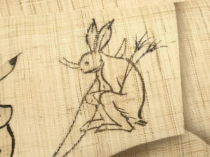 平和屋着物＊夏物　九寸名古屋帯　地紙重ね鳥獣戯画　麻　逸品　CABL2296fb