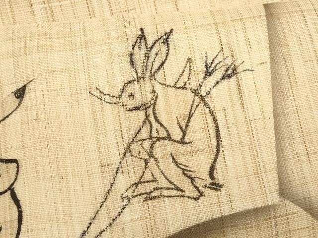 平和屋着物＊夏物　九寸名古屋帯　地紙重ね鳥獣戯画　麻　逸品　CABL2296fb