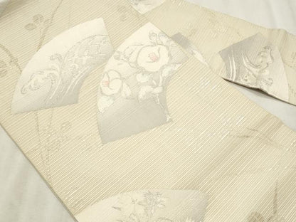 平和屋着物＊夏物　九寸名古屋帯　地紙立波枝花文　銀糸　正絹　逸品　CABL2300fb