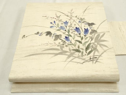 平和屋着物＊夏物　九寸名古屋帯　手描き　枝花文　麻　逸品　CABL2381fb