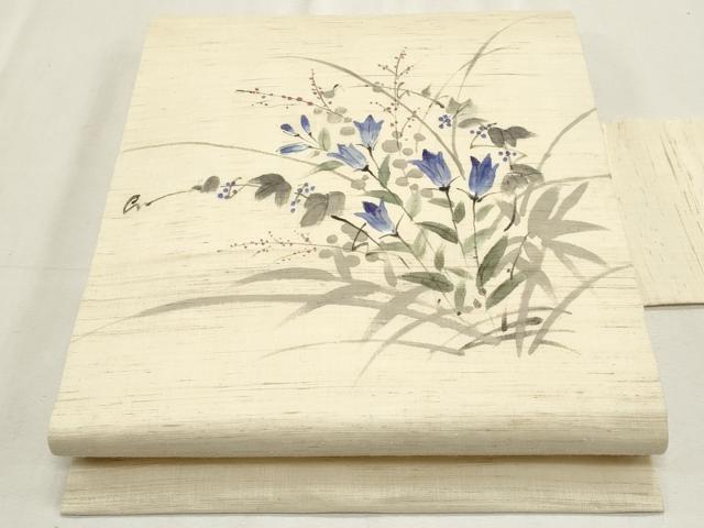 平和屋着物＊夏物　九寸名古屋帯　手描き　枝花文　麻　逸品　CABL2381fb