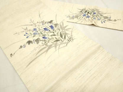 平和屋着物＊夏物　九寸名古屋帯　手描き　枝花文　麻　逸品　CABL2381fb