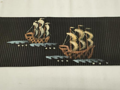 平和屋着物＊夏物　アンティーク　大正ロマン　九寸名古屋帯　舟　黒地　正絹　逸品　CABL2393fb