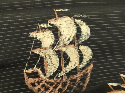 平和屋着物＊夏物　アンティーク　大正ロマン　九寸名古屋帯　舟　黒地　正絹　逸品　CABL2393fb
