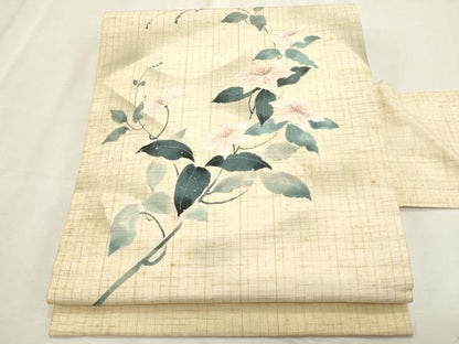 平和屋着物＊夏物　九寸名古屋帯　作家物　枝花文　銀彩　正絹　逸品　CABL2399fb