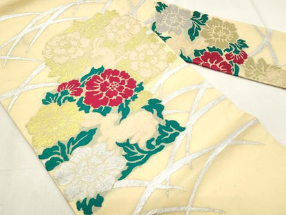 平和屋着物＊夏物　九寸名古屋帯　芝草跳兎草花文　金銀糸　正絹　逸品　CABL2400fb